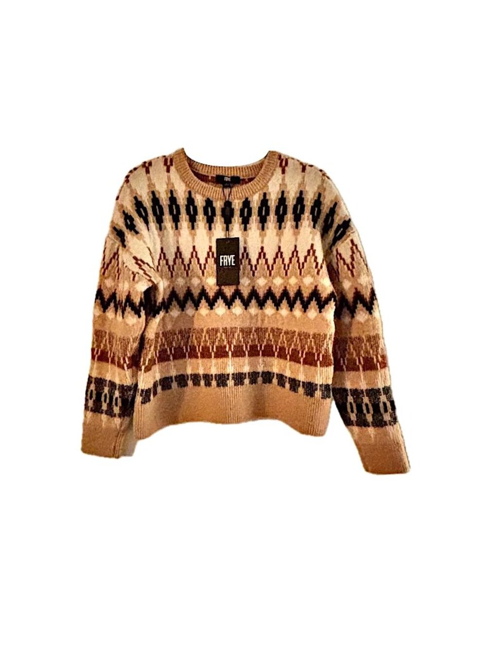 Frye Women's Fair Isle Print Relaxed Crew Neck Sweater Tan Brown Women's L  NEW
